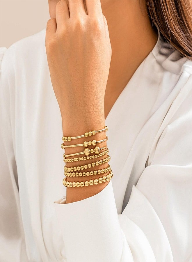 WZNBBOY Gold Bracelets for Women Non Tarnish Gold Beaded Bracelet Stretch Bead Ball Bracelet Sets Trendy Stackable Layered Pearl Cross Bracelet Gold Jewelry for Women(Gold J) - Image 2