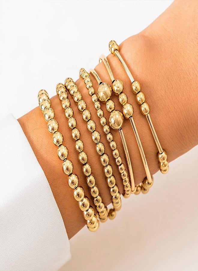 WZNBBOY Gold Bracelets for Women Non Tarnish Gold Beaded Bracelet Stretch Bead Ball Bracelet Sets Trendy Stackable Layered Pearl Cross Bracelet Gold Jewelry for Women(Gold J) - Image 3