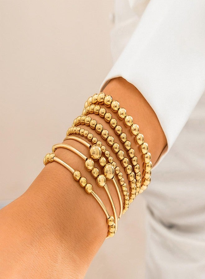 WZNBBOY Gold Bracelets for Women Non Tarnish Gold Beaded Bracelet Stretch Bead Ball Bracelet Sets Trendy Stackable Layered Pearl Cross Bracelet Gold Jewelry for Women(Gold J) - Image 4