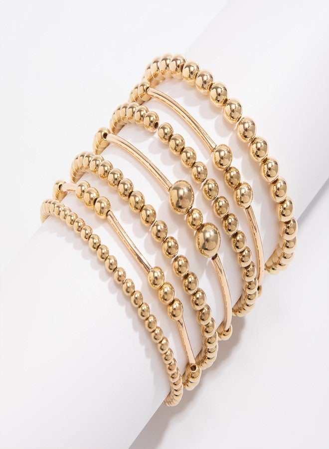 WZNBBOY Gold Bracelets for Women Non Tarnish Gold Beaded Bracelet Stretch Bead Ball Bracelet Sets Trendy Stackable Layered Pearl Cross Bracelet Gold Jewelry for Women(Gold J) - Image 5