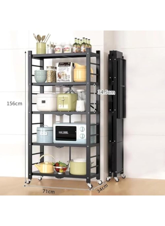 Apexll Upgraded 5-Tier Foldable Metal Storage Rack with Wheels – Heavy-Duty Kitchen & Garage Organizer, Rolling Cart Shelving for Pantry, Basement, Black  - Image 3