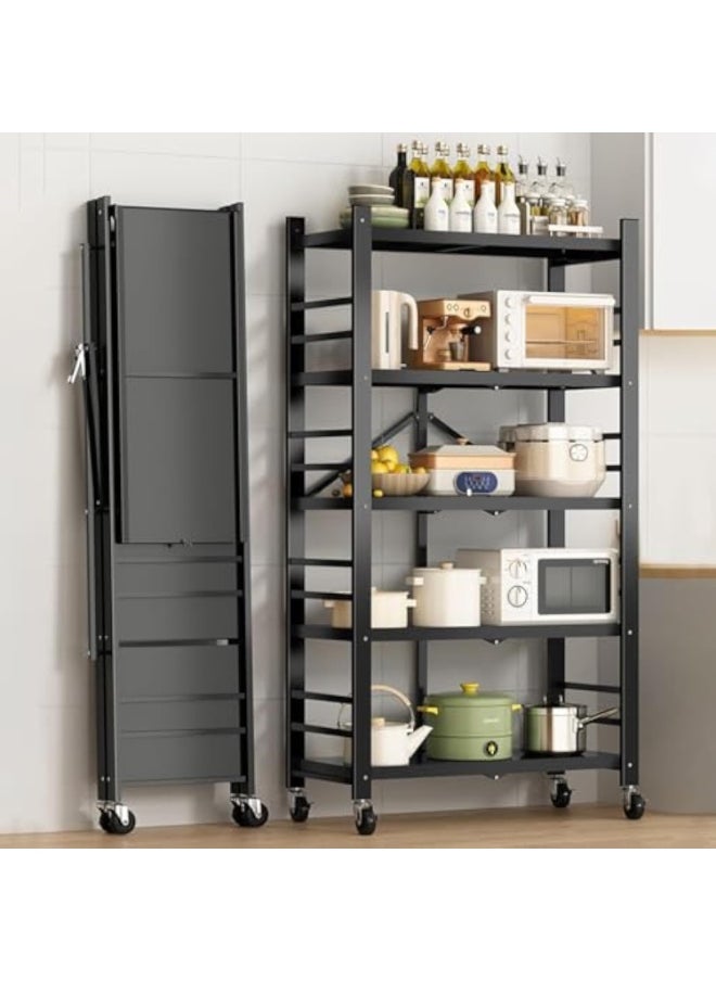Apexll Upgraded 5-Tier Foldable Metal Storage Rack with Wheels – Heavy-Duty Kitchen & Garage Organizer, Rolling Cart Shelving for Pantry, Basement, Black  - Image 2