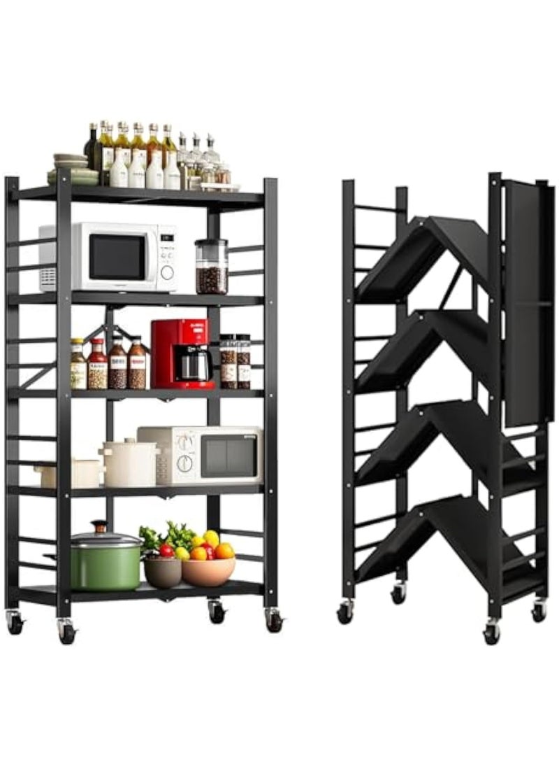 Apexll Upgraded 5-Tier Foldable Metal Storage Rack with Wheels – Heavy-Duty Kitchen & Garage Organizer, Rolling Cart Shelving for Pantry, Basement, Black  - Image 1