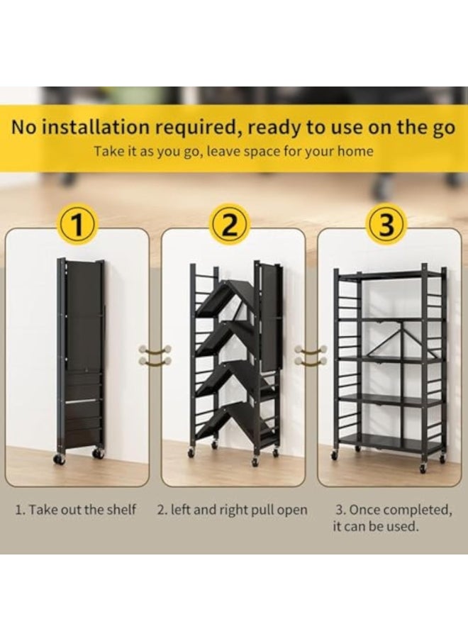 Apexll Upgraded 5-Tier Foldable Metal Storage Rack with Wheels – Heavy-Duty Kitchen & Garage Organizer, Rolling Cart Shelving for Pantry, Basement, Black  - Image 5