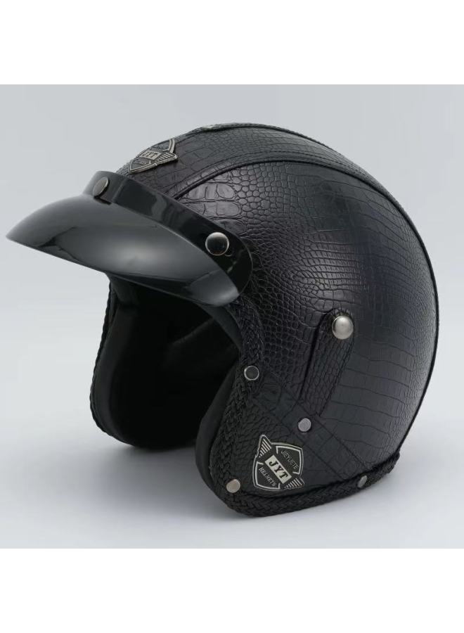 Jyt Black Crocodile Fashion Handmade Personalized Retro Helmet Men's And Women's Tram Four Seasons Helmet Gray Cool 3/4 Leather Helmet