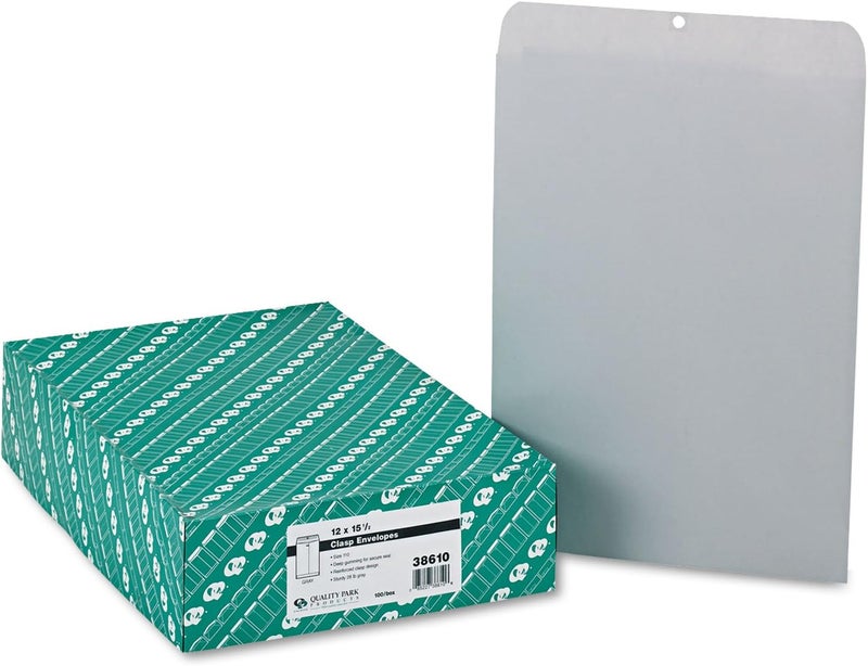 Quality Park 38610 Clasp Envelope, 12 x 15 1/2, 28lb, Executive Gray, 100/Box - Image 1