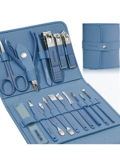 KHAJUL 16 PCS Professional Manicure Nail Clippers Set,  Stainless Steel Nail Care Tools, Grooming Kit with Luxurious Travel Leather Case (Blue)  - Image 1