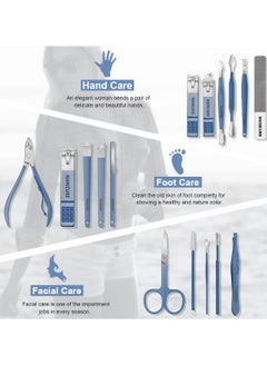 KHAJUL 16 PCS Professional Manicure Nail Clippers Set,  Stainless Steel Nail Care Tools, Grooming Kit with Luxurious Travel Leather Case (Blue)  - Image 2