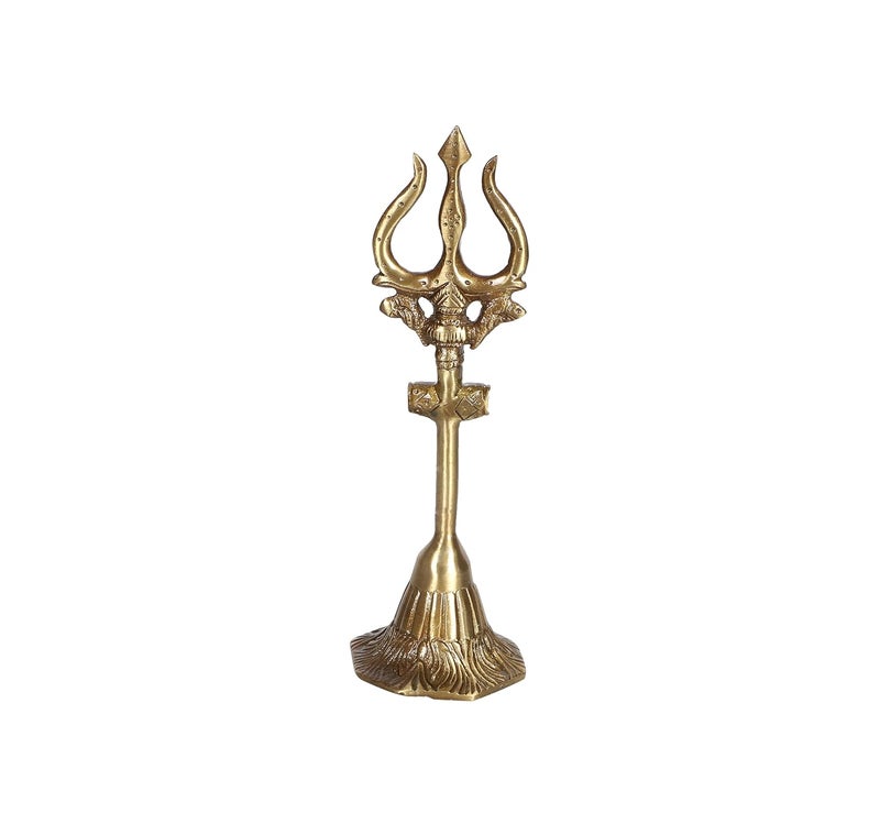 Two Moustaches 8 Inches Brass Shivas Trishul with Damru Antique Finish Brass Mahadev Trishul with Damru Figurine Shiva Trishul Statue Solid Brass Heavy Weight 370 Grams Standard Pack of 1 - Image 1
