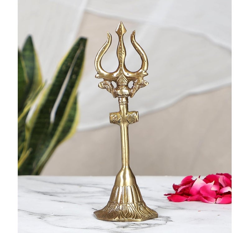 Two Moustaches 8 Inches Brass Shivas Trishul with Damru Antique Finish Brass Mahadev Trishul with Damru Figurine Shiva Trishul Statue Solid Brass Heavy Weight 370 Grams Standard Pack of 1 - Image 2