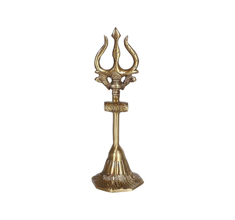 Two Moustaches 8 Inches Brass Shivas Trishul with Damru Antique Finish Brass Mahadev Trishul with Damru Figurine Shiva Trishul Statue Solid Brass Heavy Weight 370 Grams Standard Pack of 1 - Image 3