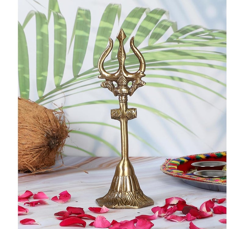 Two Moustaches 8 Inches Brass Shivas Trishul with Damru Antique Finish Brass Mahadev Trishul with Damru Figurine Shiva Trishul Statue Solid Brass Heavy Weight 370 Grams Standard Pack of 1 - Image 5