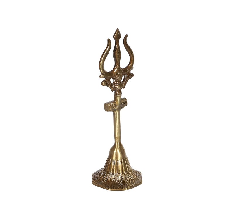 Two Moustaches 8 Inches Brass Shivas Trishul with Damru Antique Finish Brass Mahadev Trishul with Damru Figurine Shiva Trishul Statue Solid Brass Heavy Weight 370 Grams Standard Pack of 1 - Image 4