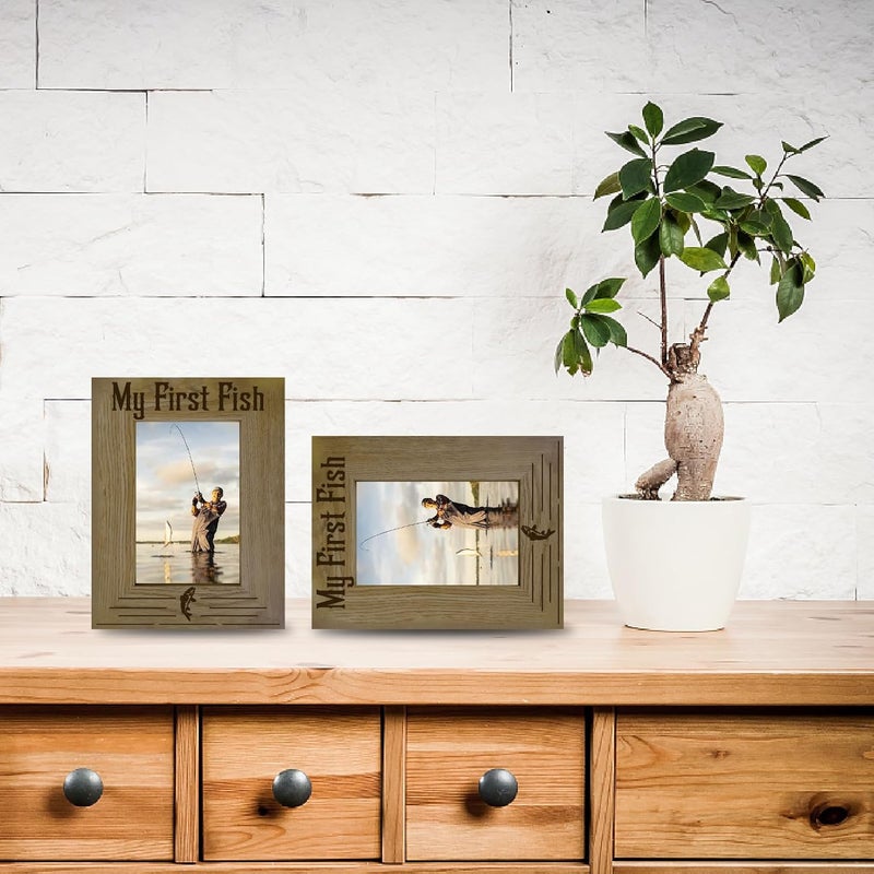 CREATCABIN Fishing Photo Frame My First Fish Picture Frame Wood Engraved Picture Holder Memorial Tabletop Keepsake Suit 4x6 Photo Friendship Gifts for Hanging Wall Family Friends Desk Decor 6x8 Inch - Image 5