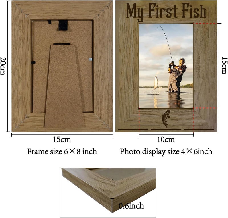 CREATCABIN Fishing Photo Frame My First Fish Picture Frame Wood Engraved Picture Holder Memorial Tabletop Keepsake Suit 4x6 Photo Friendship Gifts for Hanging Wall Family Friends Desk Decor 6x8 Inch - Image 2