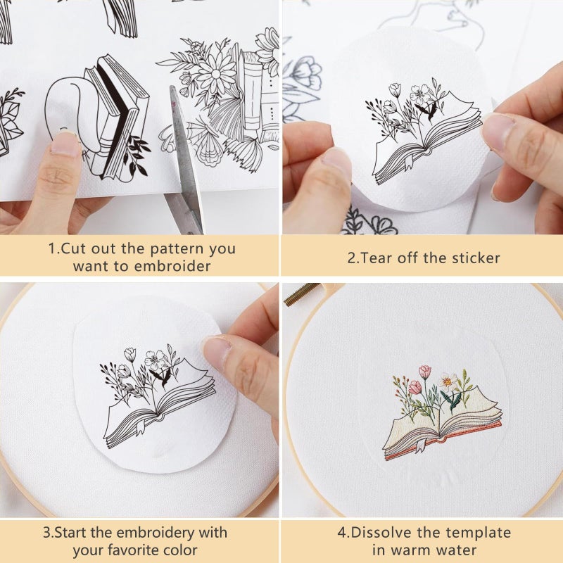 VISSTREE Water Soluble Embroidery Patterns Stabilizers, 3 Sheets Book Lover Stick and Stitch Papers Wash Away, Cat Flower Transfers Papers DIY Crafts Gifts for Hand Sewing Lover Beginners - Image 3