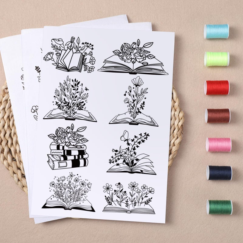 VISSTREE Water Soluble Embroidery Patterns Stabilizers, 3 Sheets Book Lover Stick and Stitch Papers Wash Away, Cat Flower Transfers Papers DIY Crafts Gifts for Hand Sewing Lover Beginners - Image 5