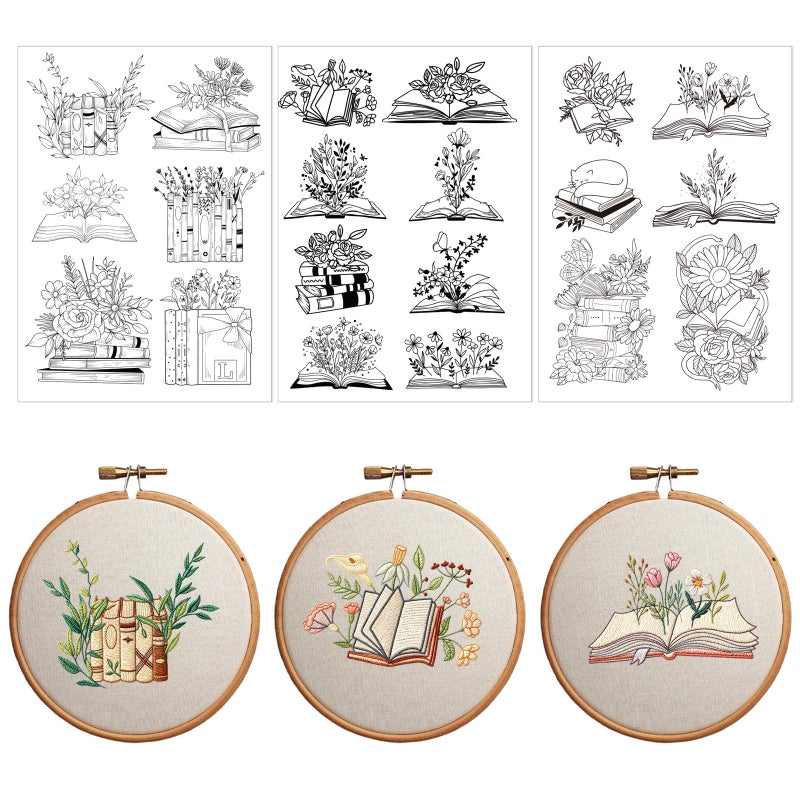 VISSTREE Water Soluble Embroidery Patterns Stabilizers, 3 Sheets Book Lover Stick and Stitch Papers Wash Away, Cat Flower Transfers Papers DIY Crafts Gifts for Hand Sewing Lover Beginners - Image 1
