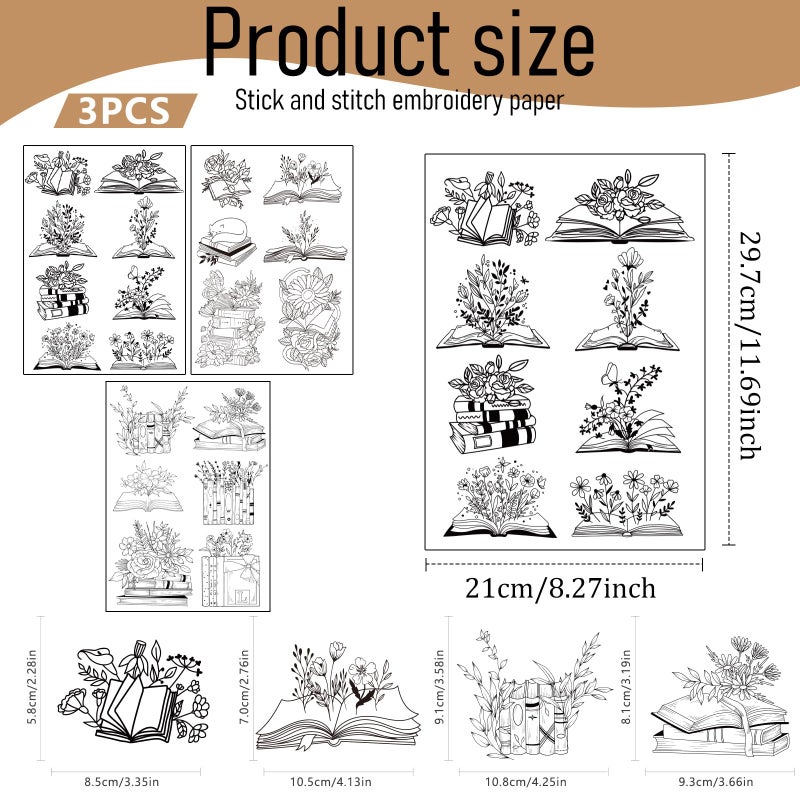 VISSTREE Water Soluble Embroidery Patterns Stabilizers, 3 Sheets Book Lover Stick and Stitch Papers Wash Away, Cat Flower Transfers Papers DIY Crafts Gifts for Hand Sewing Lover Beginners - Image 2