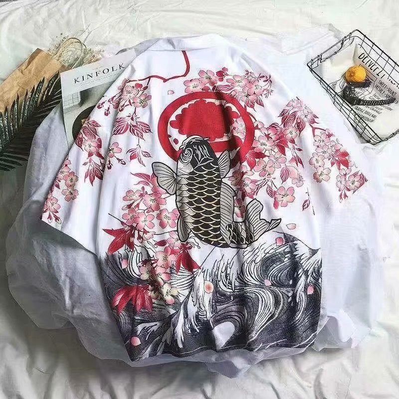 Trendy Korean Summer Mens Open Cardigan with Dragon Print 04 Carp White