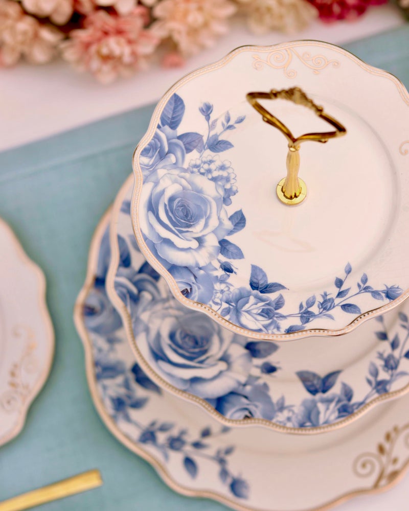 Vigneto Azure Gold Three Tier Dessert Stand, Cupcake Display and Cake Stand, Detachable Serving Dessert Tower | Finest Premium Porcelain - Image 4