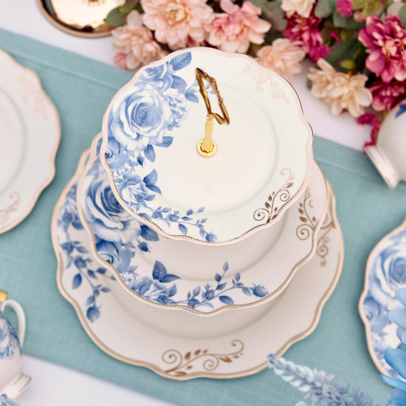 Vigneto Azure Gold Three Tier Dessert Stand, Cupcake Display and Cake Stand, Detachable Serving Dessert Tower | Finest Premium Porcelain - Image 1