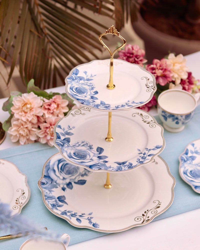 Vigneto Azure Gold Three Tier Dessert Stand, Cupcake Display and Cake Stand, Detachable Serving Dessert Tower | Finest Premium Porcelain - Image 3