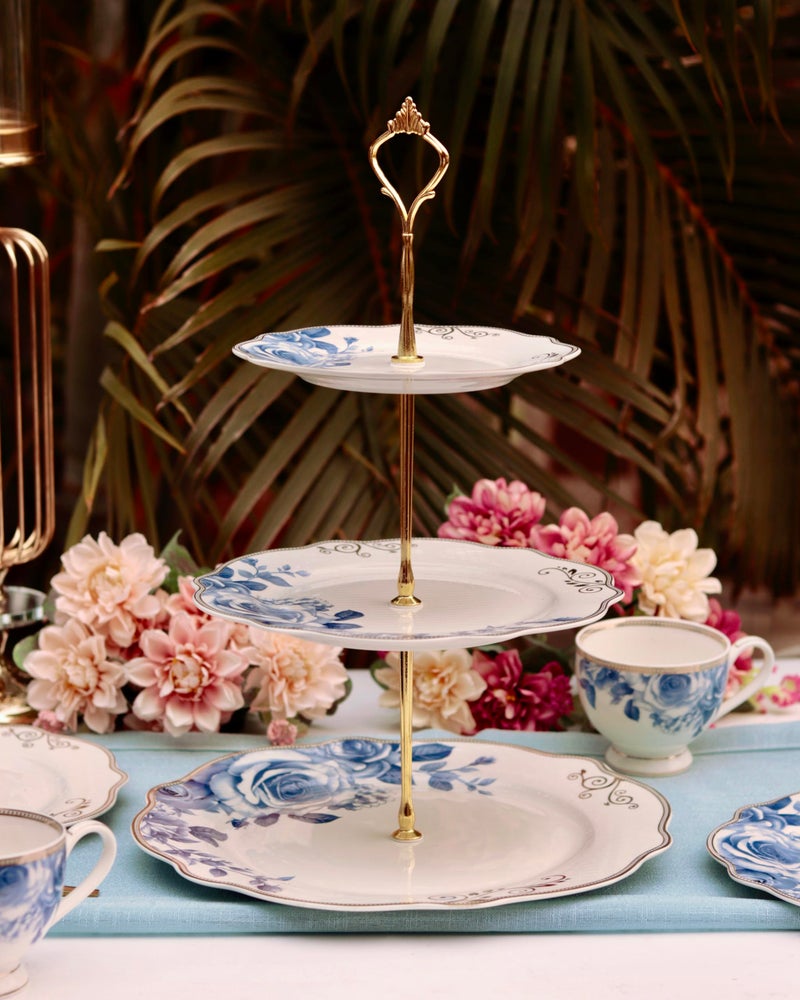 Vigneto Azure Gold Three Tier Dessert Stand, Cupcake Display and Cake Stand, Detachable Serving Dessert Tower | Finest Premium Porcelain - Image 2