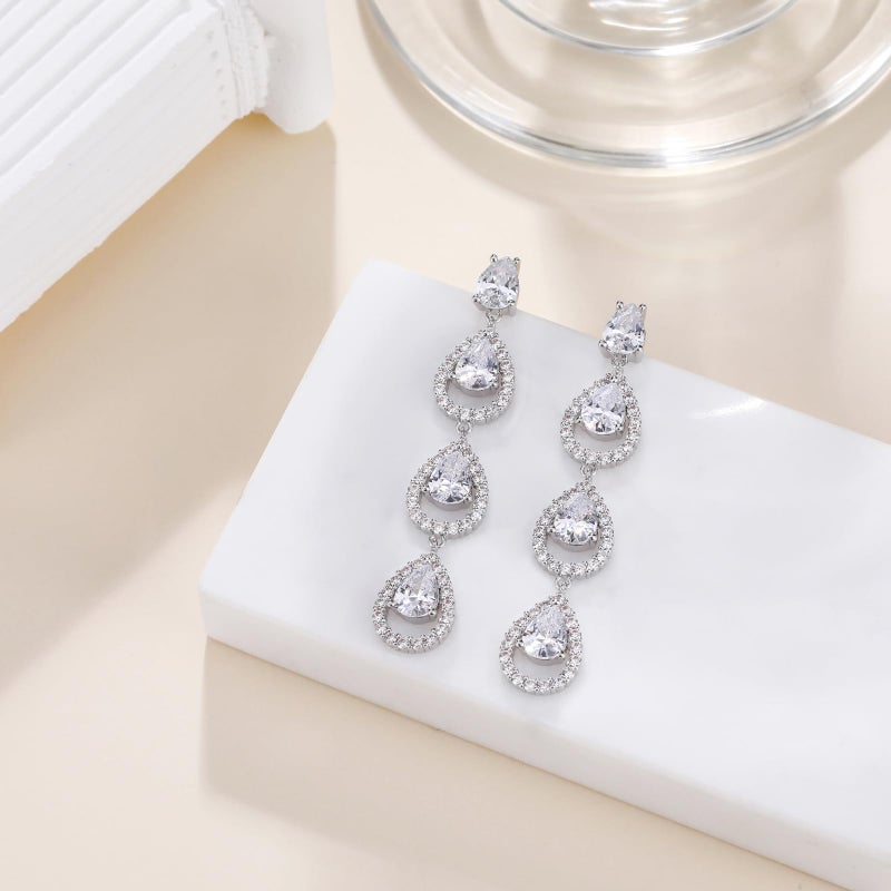 EAMTI 925 Sterling Silver Posts Dangle Earrings for Women Wedding Bridal Earrings Cubic Zirconia Teardrop Long Statement Earrings - Image 5