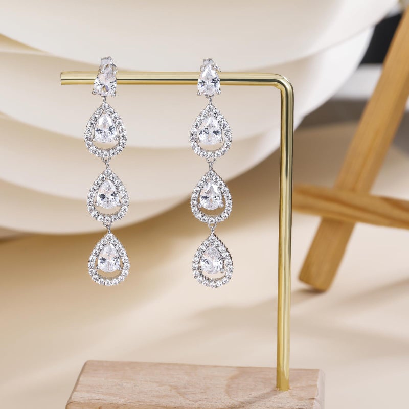 EAMTI 925 Sterling Silver Posts Dangle Earrings for Women Wedding Bridal Earrings Cubic Zirconia Teardrop Long Statement Earrings - Image 4