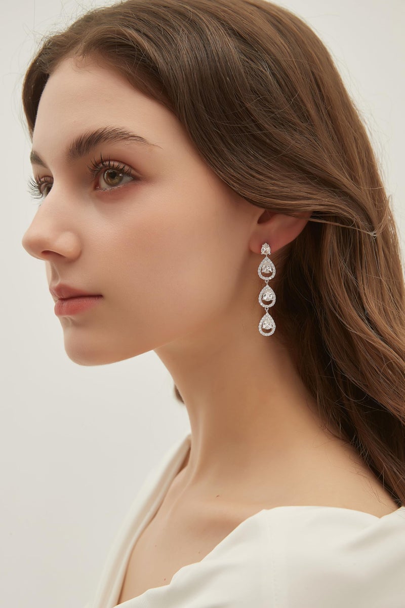 EAMTI 925 Sterling Silver Posts Dangle Earrings for Women Wedding Bridal Earrings Cubic Zirconia Teardrop Long Statement Earrings - Image 3
