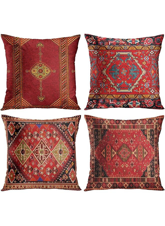 The Bros Throw Pillow Covers Geometric Kilim Moroccan Home Decor Set of 4 Oriental Ikat Pillow Cases Living Room Decorative 18 x 18 Inches Cushion Couch Sofa Pillowcases Colorful Red Tribal - Image 1