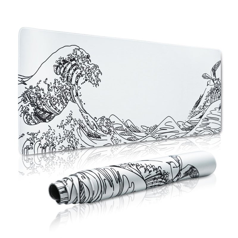 GMKWTL Large Gaming Mouse Pad for Desk,Kanagawa XXL Mouse Pad 35.4x15.7 Inch,Waterproof Desk Pad,Non-Slip Rubber Base Mice Pad,Keyboard Pad Computer Mat,White Mouse pad - Image 1