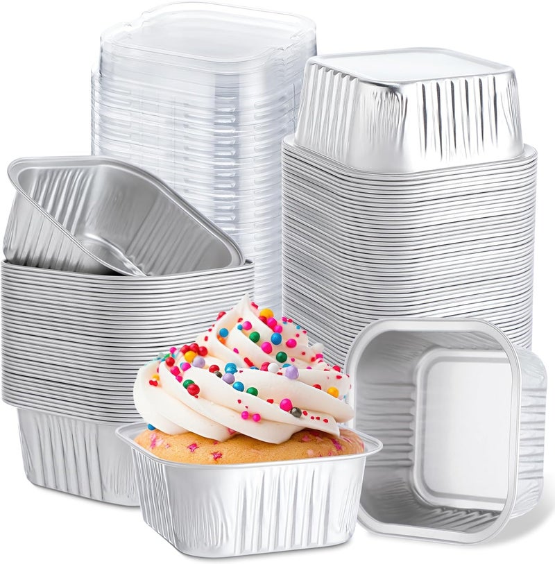 Skylety 100 Pcs 5 oz Mini Square Baking Pan with Lid Aluminum Foil Cupcake Pan Brownie Baking Cup Disposable Ramekins Individual Tin Dessert Containers for Kitchen, Food Grade Material (Silver) - Image 1