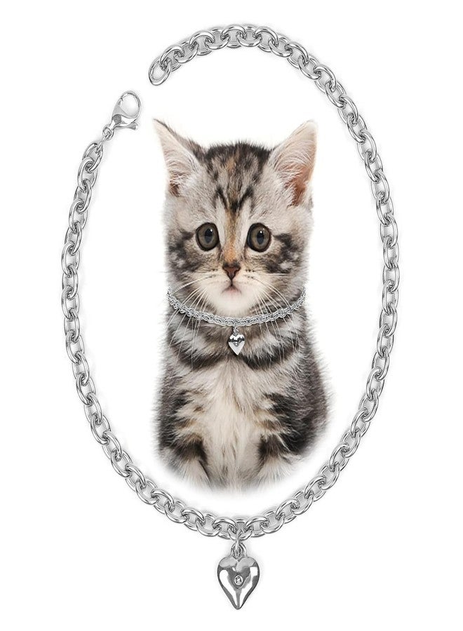 HOWWFALY Dog Collar and Cat Chain Necklace Stainless Steel Adjustable 18K Sliver Heart-Shaped Necklace for Small Pets Cats Kitten Puppy (Sliver, 7 inch) - Image 1