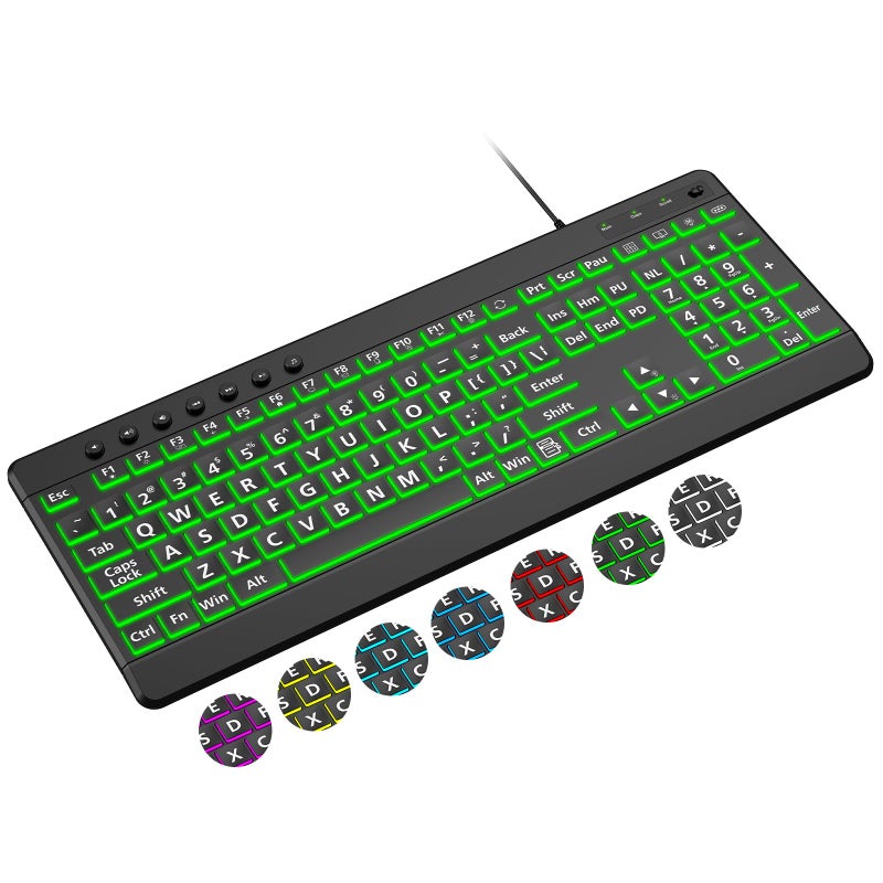 EDJO Large Print Backlit Wired Keyboard, Light Up USB Keyboard with 7-Colors Backlight, Oversize Letters Keys Full Size Computer Keyboard Compatible for Windows, Laptop, PC - Image 1