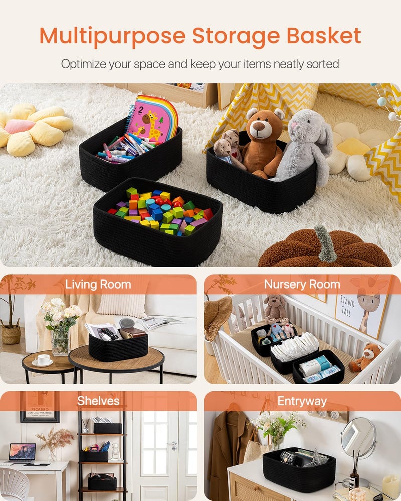 KALLAX Small Woven Basket, 13.5 x 9.5 x 5 Inches, Storage Basket for Organizing, Cute Small Rope Shelf Closet Cube Storage Bins Baskets for Shelves, Dog Toy Gift Baskets Empty, 3 Packs, Black - Image 3