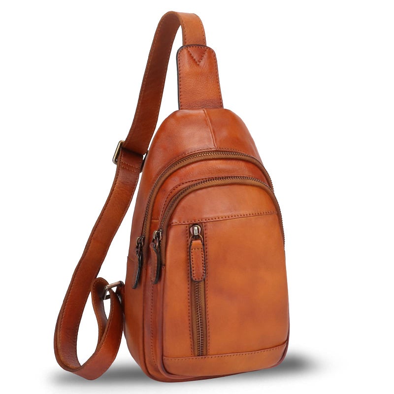 IVTG Genuine Leather Sling Bag Chest Shoulder Pack Crossbody Casual Daypack Vintage Handmade Hiking Backpack Motorcycle Bag Brown Medium