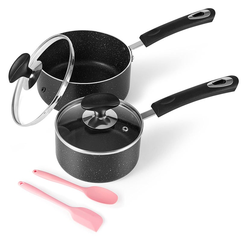 HooJay Nonstick Saucepan Set with Lid Non Stick 1Qt  2Qt Sauce Pan Set with Glass Lid Small Pot for Home Kitchen