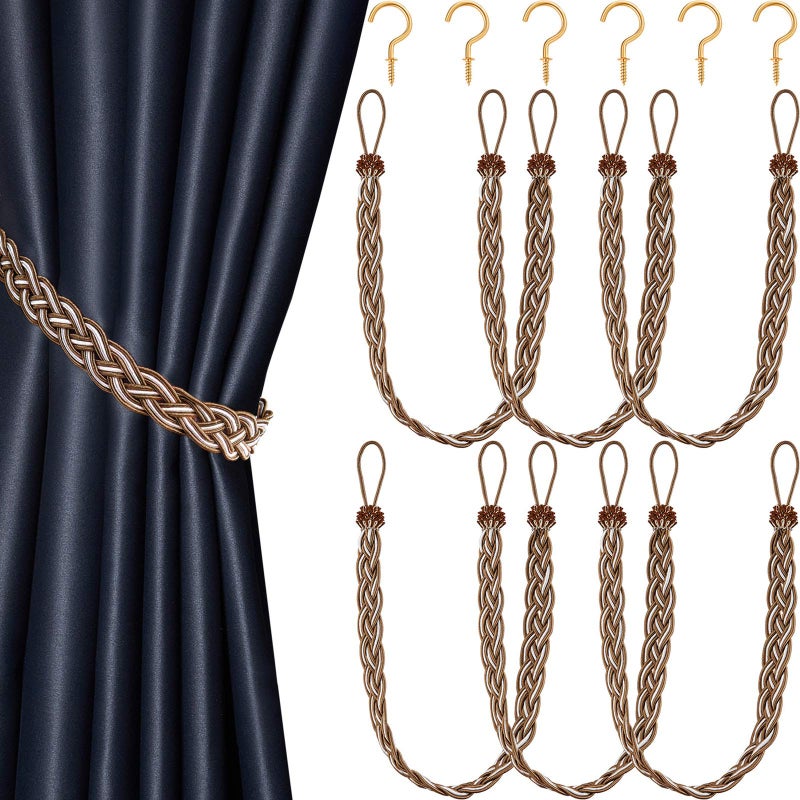 Blulu Blulu 6 Pieces Braided Curtain Tiebacks Rope Belt Curtain Ties and 6 Pieces Hooks Metal Tieback Hooks for Window AccessoriesBrown and Silver 