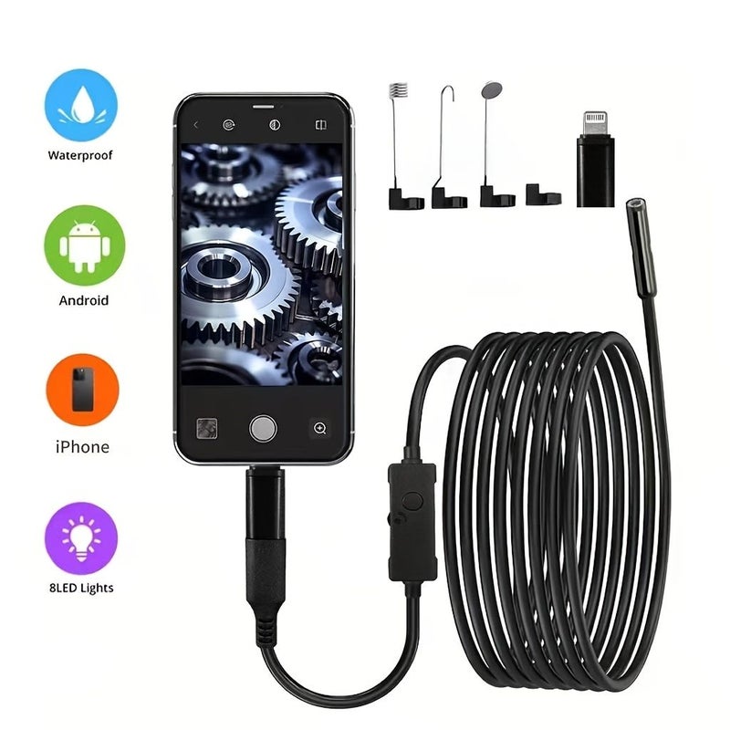 Industrial Endoscope with 8 LED Lights High Definition Pipeline Inspection Tool IP67 5 Meters Hard Wire Compatible with iOS and Android Phones for Pipeline Inspection and Car Maintenance - Image 1