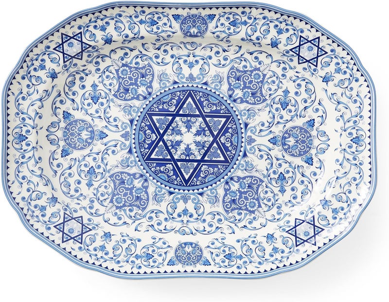Spode طبق سبود يهودي بيضاوي 14 بوصة طبق كبير لعشاء السبت والعطلات اليهودية مزين بنجمة داود مصنوع من البورسلين الفاخر آمن للاستخدام في الميكروويف وغسالة الصحون - Image 1