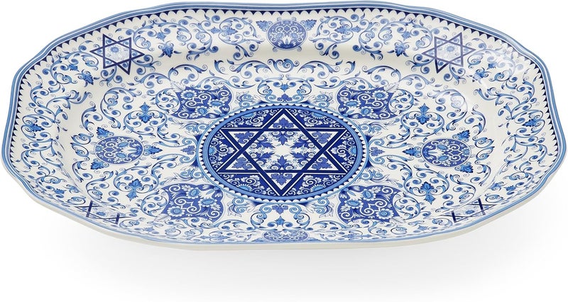 Spode طبق سبود يهودي بيضاوي 14 بوصة طبق كبير لعشاء السبت والعطلات اليهودية مزين بنجمة داود مصنوع من البورسلين الفاخر آمن للاستخدام في الميكروويف وغسالة الصحون - Image 3