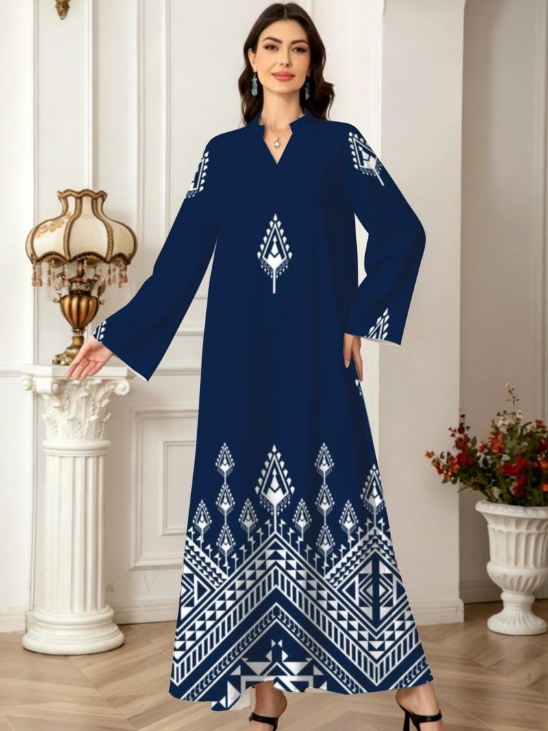 Navy Blue Ethnic Geometric Print Stand Collar Abaya - Image 2