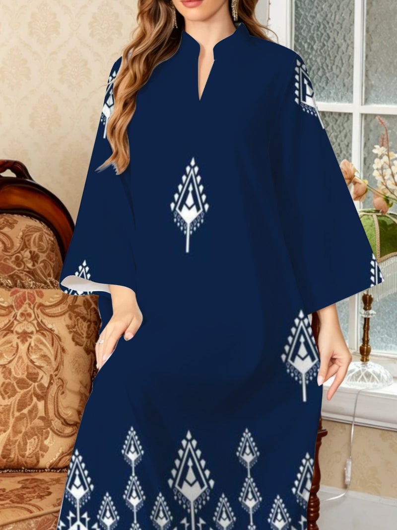 Navy Blue Ethnic Geometric Print Stand Collar Abaya - Image 5