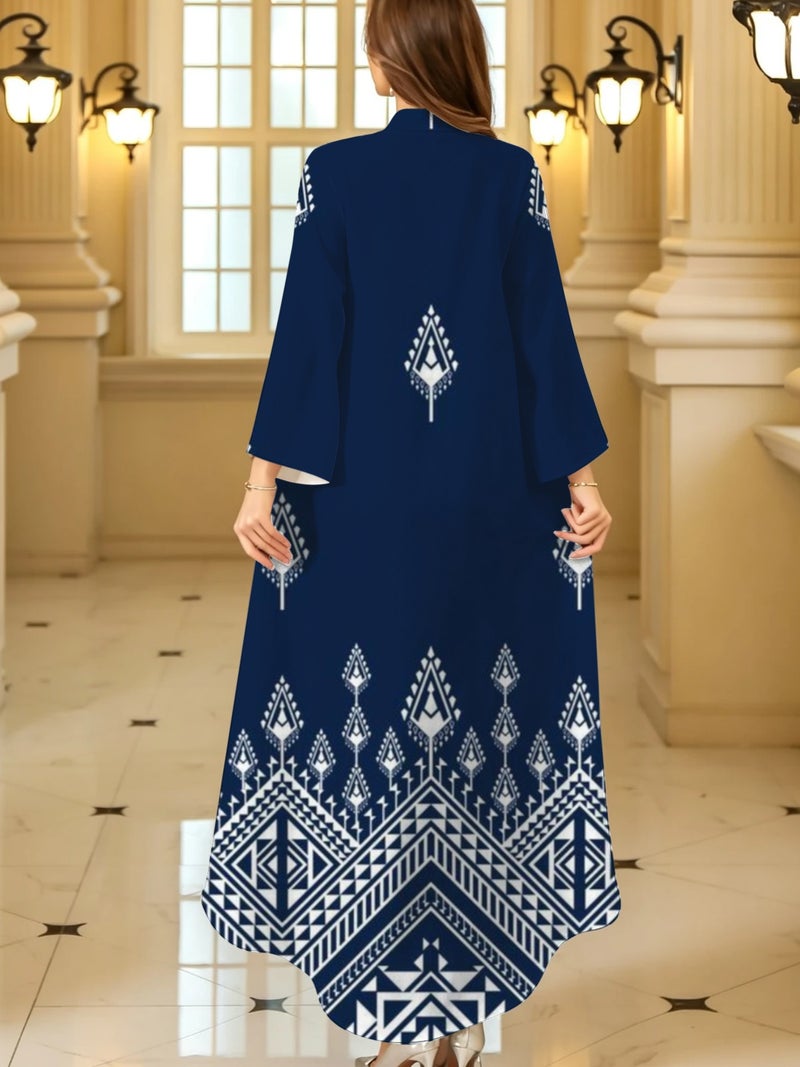 Navy Blue Ethnic Geometric Print Stand Collar Abaya - Image 4