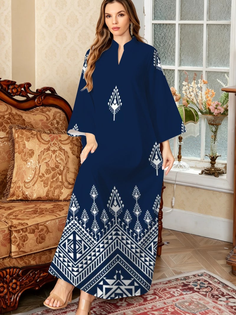 Navy Blue Ethnic Geometric Print Stand Collar Abaya - Image 3