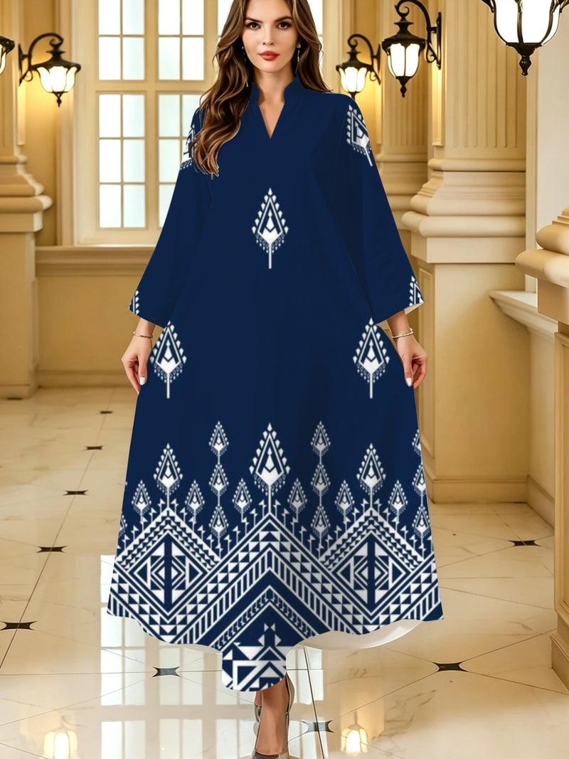 Navy Blue Ethnic Geometric Print Stand Collar Abaya - Image 1