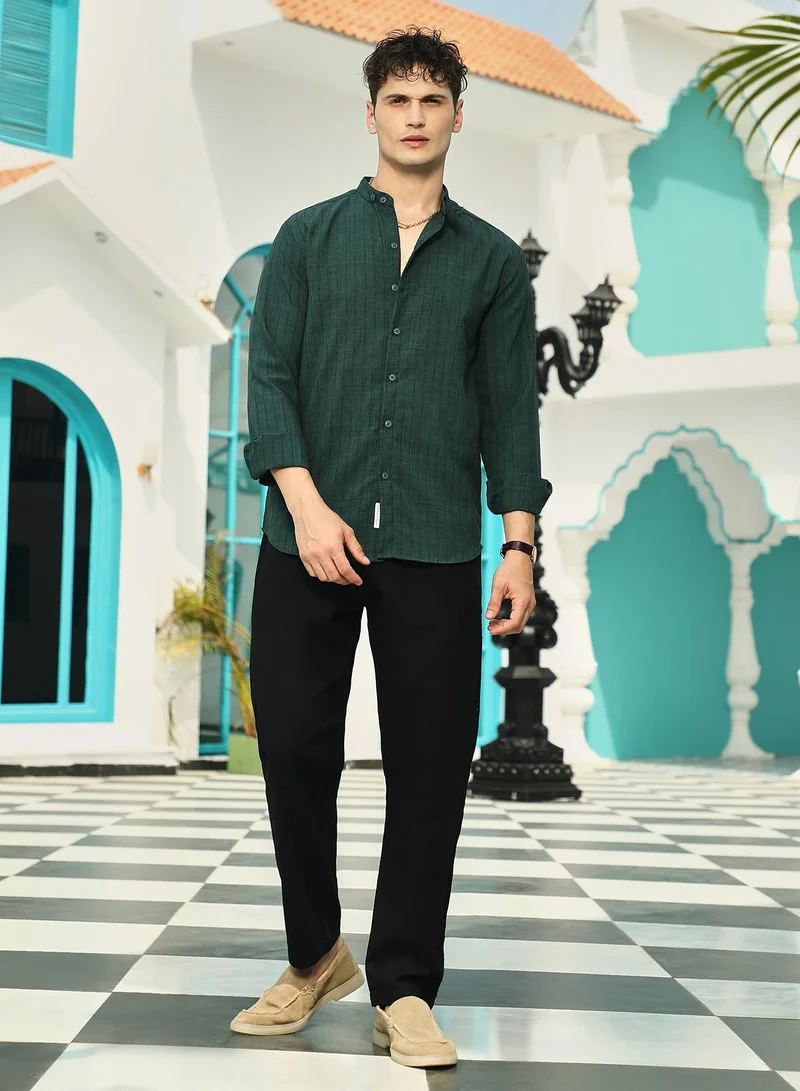 Campus Sutra Men's Emerald Green Pinstriped-Tactile Shirt