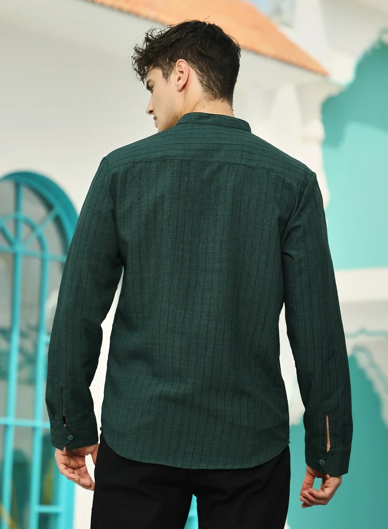 Campus Sutra Men's Emerald Green Pinstriped-Tactile Shirt